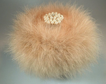 Powder Puff ~ Body Dusting Powder Puff ~ Beige Puff Trimmed in Camel Marabou - Pearl and Rhinestone Embellished Handle