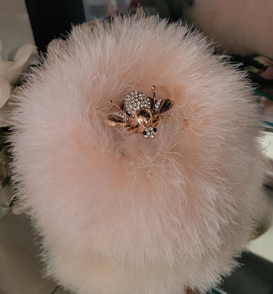 Puff Duster Bumble Bee Blush Genuine Down Feather Trim Rhinestone Copper Mini Body ...