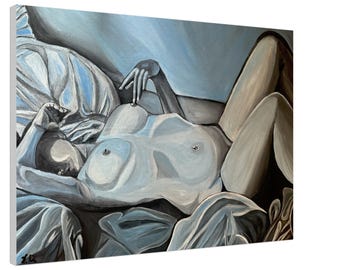 May include: An oil painting on canvas depicts a nude figure reclining on a bed of draped fabric. The artwork is rendered in shades of blue, gray, and white, with the figure's form subtly illuminated. The style is reminiscent of classical art.