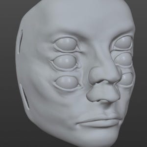 May include: A light gray, three-dimensional digital sculpture of a human face featuring six eyes arranged in two vertical columns of three, positioned on either side of a central nose, with a neutral mouth and smooth, matte surface texture.