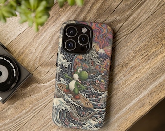 Funda para teléfono con diseño de dinosaurio surfista / Arte Ukiyo-e, doble capa a prueba de golpes (iPhone, Pixel, Samsung)
