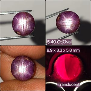 Könnte beinhalten: Ein runder, durchscheinender, purpurroter Sternrubin-Edelstein mit sichtbarem Asterismus-Effekt. Der Stein ist als 5.40 Ct Oval mit den Maßen 8.9 x 8.3 x 5.8 mm gekennzeichnet. Der Edelstein zeigt einen hellen, leuchtend roten Farbton bei Gegenlicht.