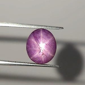 Puede incluir: Una piedra preciosa de rubí estrella en cabochon de forma ovalada con un tono magenta púrpura intenso. La piedra muestra un efecto de asterismo de seis rayos, donde un patrón de estrella blanco brillante irradia desde el centro pulido.