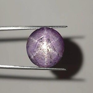 Könnte beinhalten: Ein runder, im Cabochon-Schliff gefertigter Sternsaphir-Edelstein mit hellvioletter Färbung. Der Stein zeigt einen deutlichen sechsstrahligen Sterneffekt auf seiner Oberfläche, der durch Lichtreflexion entsteht. Er weist kleine, dunkle Einschlüsse auf.