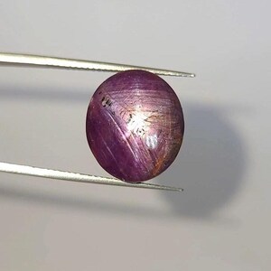 May include: A polished, oval-shaped gemstone held by tweezers. The gem is a deep purple color with a star-like effect and a reflective surface. The tweezers are silver-colored and the background is a plain white.