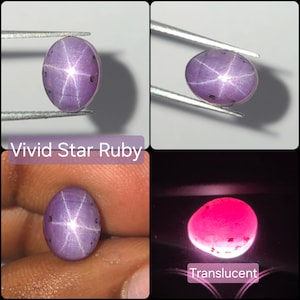 Puede incluir: Una piedra preciosa de rubí estrella de color púrpura y forma ovalada con un efecto de asterismo de seis rayos. La piedra presenta un corte cabujón liso con inclusiones oscuras visibles. El texto superpuesto dice Vivid Star Ruby y Translucent.