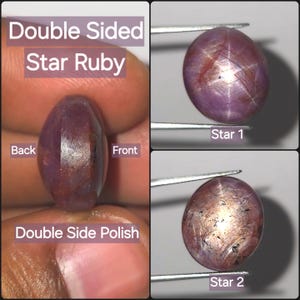 Puede incluir: Una piedra preciosa de rubí estrella de doble cara con acabado pulido. La imagen muestra el frente y el reverso de la piedra, etiquetados como Double Sided Star Ruby y Double Side Polish, con un efecto de estrella de seis puntas en ambos lados.