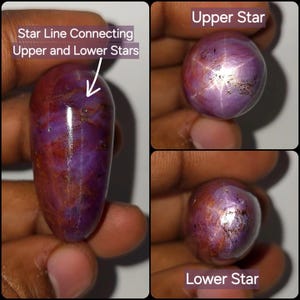 May include: A polished, elongated purple and reddish-brown gemstone featuring a star effect. The image includes text labels: Star Line Connecting Upper and Lower Stars, Upper Star, and Lower Star, indicating the optical phenomena on the stone.