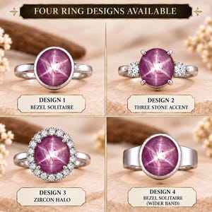 May include: Four ring designs featuring round, magenta-colored star stones. Design 1 is a bezel solitaire. Design 2 is a three-stone accent ring. Design 3 is a zircon halo setting. Design 4 is a bezel solitaire with a wider band. All rings are silver-toned.