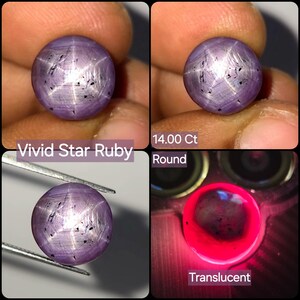 Pode incluir: Uma pedra preciosa de rubi estrela vívida, redonda e translúcida, pesando 14,00 quilates. A pedra roxa apresenta um efeito de estrela de seis raios visível e inclusões escuras. O texto na imagem diz: Vivid Star Ruby, 14.00 Ct, Round, Translucent.