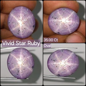 May include: A light purple star ruby gemstone with a six-rayed asterism effect, featuring black inclusions and a smooth cabochon surface. The stone is labelled as a 35.00 Ct oval Vivid Star Ruby, shown in four views with metal tweezers.