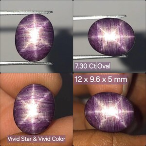 May include: An oval-shaped purple star sapphire gemstone featuring a visible six-rayed star effect. The stone is labeled as 7.30 Ct, measuring 12 x 9.6 x 5 mm, and is described as having a vivid star and vivid color in the provided text.