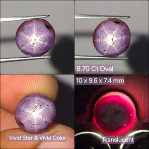 Könnte beinhalten: Ein violetter Sternsaphir-Edelstein mit einem sichtbaren sechsstrahligen Sterneffekt. Der Stein ist oval geformt, wiegt 8,70 Ct und misst 10 x 9,6 x 7,4 mm. Er zeigt eine lebendige Farbe und eine durchscheinende Qualität bei roter Hintergrundbeleuchtung.