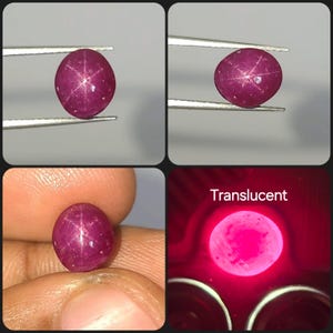 Pode incluir: Uma pedra preciosa de rubi estrela de corte cabochão redondo com uma cor vermelho-magenta profunda. A pedra exibe um efeito de estrela de seis raios na sua superfície. Um painel mostra a pedra retroiluminada, translúcida com o texto Translucent.