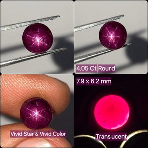 Pode incluir: Uma pedra preciosa de rubi estrela magenta profundo, redonda, com um efeito de estrela de seis raios. A pedra tem 4,05 ct, mede 7,9 x 6,2 mm e exibe uma cor vívida e qualidade translúcida. O texto diz 4.05 Ct Round, 7.9 x 6.2 mm, Vivid Star & Vivid Color e Translucent.