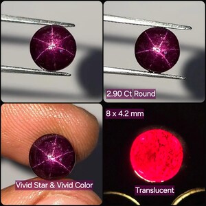 Pode incluir: Uma pedra preciosa de rubi estrela redonda, vermelho profundo, pesando 2,90 quilates e medindo 8 x 4,2 mm. A pedra exibe um efeito de estrela de seis pontas na superfície, cor vermelha vívida e aparência translúcida quando iluminada por trás.