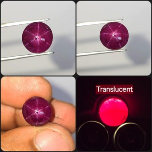 Può includere: Una gemma di rubino stellato rotonda, color magenta intenso, caratterizzata da un distinto effetto di asterismo a sei raggi sulla superficie a cabochon. La pietra è tenuta da pinzette metalliche e illuminata da dietro, mostrando un bagliore rosso traslucido con il testo Translucent.