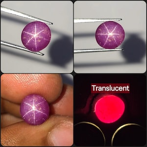 May include: A round, cabochon-cut star ruby gemstone with a distinct six-rayed asterism pattern. The stone is deep magenta-pink with visible internal inclusions. One panel shows the gem backlit, appearing translucent and glowing red.