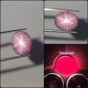 May include: A cabochon-cut star sapphire gemstone with a light purple hue and a visible six-rayed star effect. The stone is held by metal tweezers in two views, and a third view shows the gemstone backlit with the text Translucent.