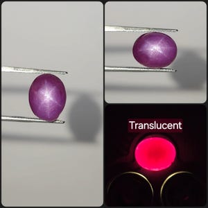 May include: A close-up of a translucent, oval-shaped, purplish-red gemstone held by tweezers. The gemstone has a star-like effect in the center. The word "Translucent" is displayed in white text on a black background.