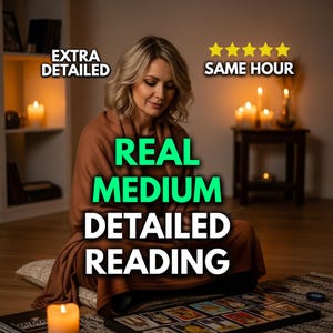 May include: A woman sits with a deck of tarot cards, lit by candlelight. The text "REAL MEDIUM DETAILED READING" is prominently displayed. Additional text reads "EXTRA DETAILED" and "SAME HOUR" with five gold stars.