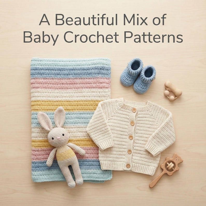 May include: A collection of baby crochet items, including a blanket with pastel stripes, a cream-colored cardigan, blue booties, a bunny toy, and wooden teethers. The text reads: "A Beautiful Mix of Baby Crochet Patterns."
