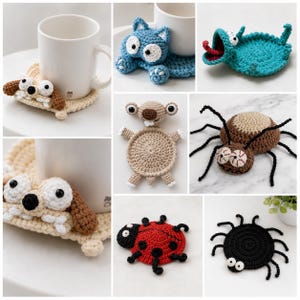 May include: A collection of crocheted coasters featuring various animal and creature designs, including a dog, a blue cat, a teal monster, a beige sloth, a brown spider, a red ladybug, and a black spider, all crafted with yarn and detailed eyes.