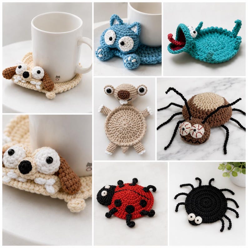 May include: A collection of crocheted coasters featuring various animal and creature designs, including a dog, a blue cat, a teal monster, a beige sloth, a brown spider, a red ladybug, and a black spider, all crafted with yarn and detailed eyes.
