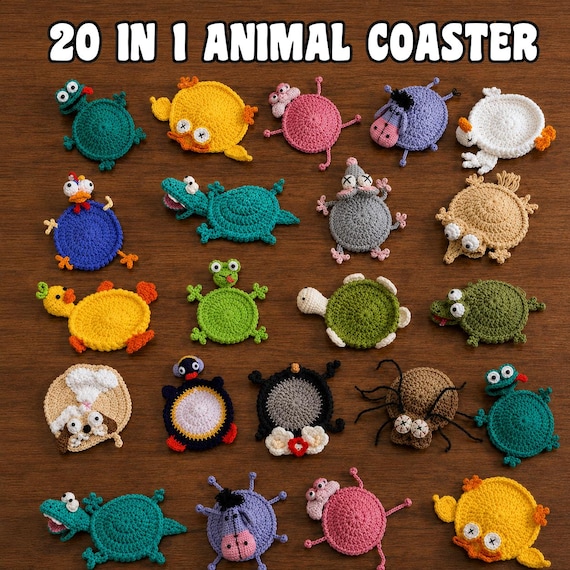 20-in-1 Animal Crochet Coaster Patterns, Mug Hugger Bundle, animals cup holder (PDF + VIDEO TUTORIAL)