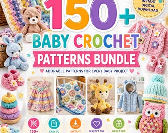 Pacchetto di oltre 150 modelli all'uncinetto per neonati: più di 60 coperte, scarpine, amigurumi (download in PDF), download digitali