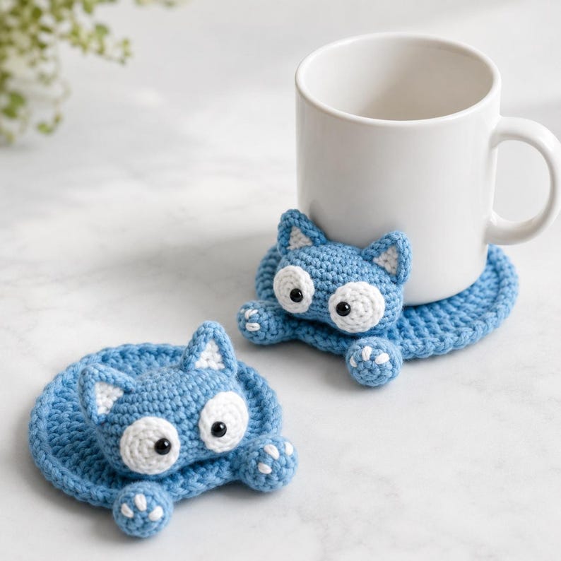May include: Two blue crochet coasters shaped like cats with white accents on the ears, eyes, and paws. Each coaster features a round base, pointed ears, and large white circular eyes with black pupils. One coaster supports a plain white mug.