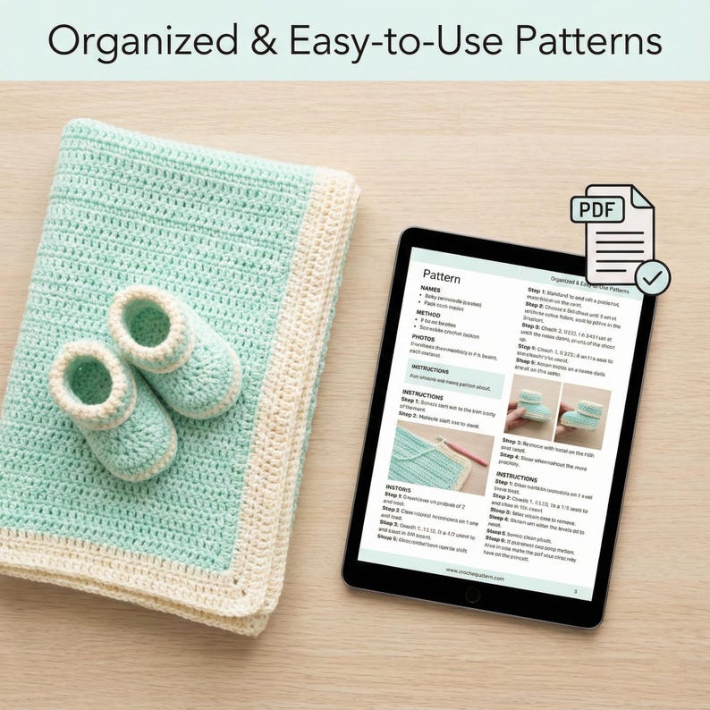 May include: A crocheted baby blanket and matching booties in light blue and cream colors. The blanket is folded, and the booties are placed on top. A tablet displays a crochet pattern with the text "Organized & Easy-to-Use Patterns".