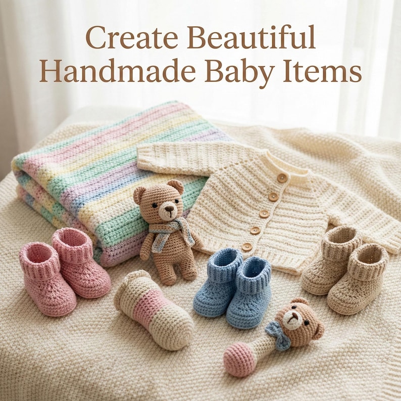 May include: An assortment of handmade baby items, including a pastel-striped blanket, a cream-colored cardigan, and several pairs of crochet baby booties in pink, blue, and beige. A crochet teddy bear and rattle are also present. The text reads: "Create Beautiful Handmade Baby Items."