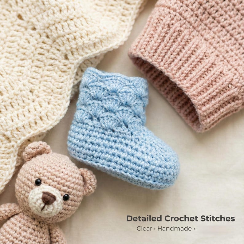 May include: A collection of handmade crochet items in soft pastel colors. The image features a light blue baby bootie, a pink beanie, a cream-colored blanket, and a small teddy bear. The text "Detailed Crochet Stitches" is visible.