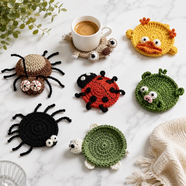 May include: A collection of seven round, crocheted coasters featuring animal and insect designs, including a brown spider, a black spider, a red ladybug, a yellow duck, a green frog, a green turtle, and a beige creature holding a white coffee mug.
