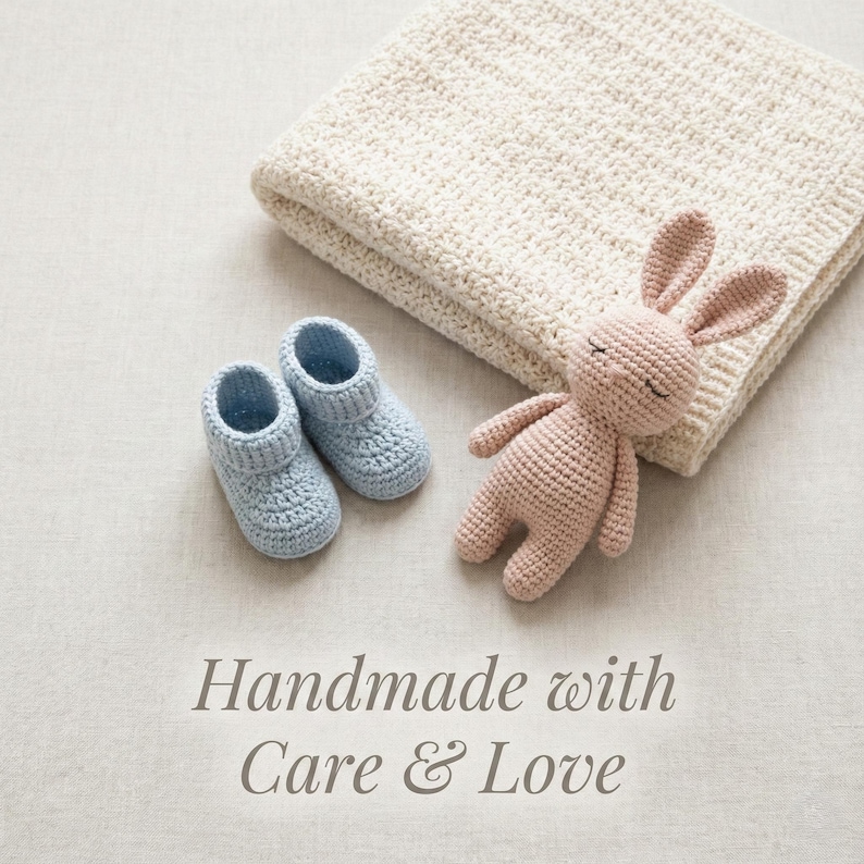 May include: A light blue crochet baby booties and a pink crochet bunny toy are next to a folded cream-colored blanket. The image also includes the text "Handmade with Care & Love".