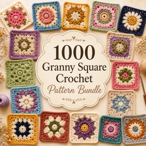 Pode incluir: Uma coleção de quadrados de crochê granny coloridos em vários designs e cores, incluindo rosa, azul, amarelo e roxo. A imagem apresenta o texto "1000 Granny Square Crochet Pattern Bundle".