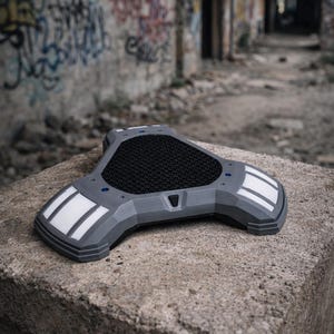 Peut inclure: Un appareil &eacute;lectronique gris de forme triangulaire avec un centre en maille noire et des lumi&egrave;res rectangulaires blanches sur les bords. L'appareil est pos&eacute; sur une surface en b&eacute;ton, avec un mur couvert de graffitis en arri&egrave;re-plan.