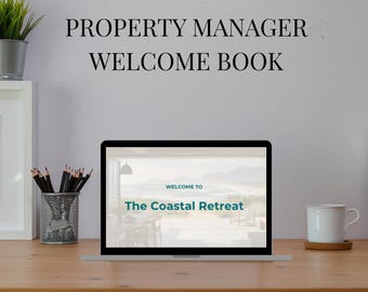 Pode incluir: Um laptop exibindo "Welcome to The Coastal Retreat" em uma mesa de madeira. O texto "PROPERTY MANAGER WELCOME BOOK" está acima do laptop. Uma pequena planta em vaso, lápis e uma caneca também estão na mesa. O logotipo Canva e "100% Editable" estão no canto inferior esquerdo.