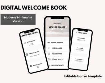Peut inclure: Modèle de livret d'accueil numérique affiché sur trois smartphones. Les écrans affichent des informations telles que les contacts d'urgence, les détails d'enregistrement et les lieux locaux. Le texte "DIGITAL WELCOME BOOK" et "Editable Canva Template" sont également visibles.