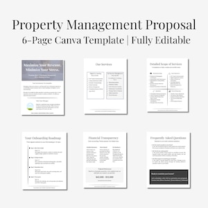 May include: A six-page Canva template for a property management proposal. The document includes sections on services, onboarding, financial transparency, and frequently asked questions. The template is fully editable and designed to maximize revenue and minimize stress.
