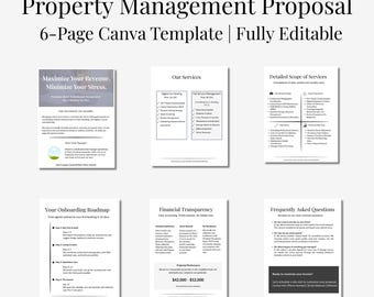 Pode incluir: Um modelo Canva de 6 páginas para uma proposta de gestão de propriedades. O documento inclui secções sobre serviços, integração, transparência financeira e perguntas frequentes. O modelo é totalmente editável.