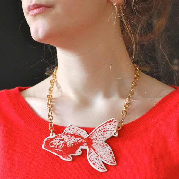 Porcelain Goldfish Necklace With Gold Plated Chunky Chain, FREE Shipping within the UK