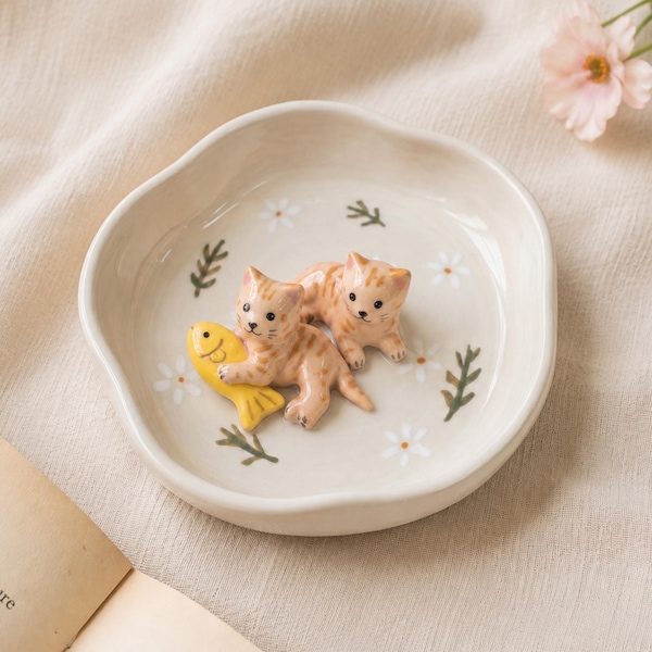 Hand-painted Ceramic Cat Ring Dish, 3D Sculpted Pet Jewelry Tray, Keepsake Trinket Holder
