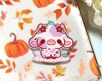 Floral Baby Calfs Acrylic Phone Grip, Sakura Cow Kindle Holder, Hibiscus Cow Magnetic Griptok