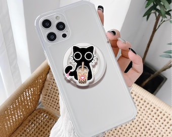 Bubble Tea Cat Phone Grip, Funny Black Cat MagSafe Holder, Kawaii Animals Griptok
