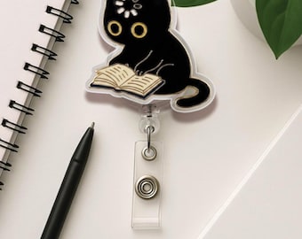 Black Cat Badge Reel, Funny Kitty ID Holder, Nurse Accessory, Overthinking Kitten Badge Clip