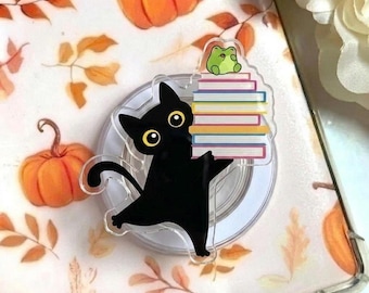 Bibliophile Cats Acrylic Phone Grip, Bookish Kittens Magnetic Holder, Funny Animals Griptok