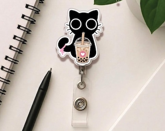 Black Cat Badge Reel, Kawaii Kitten Lanyard Clip, Bubble Tea Cat ID Accessories