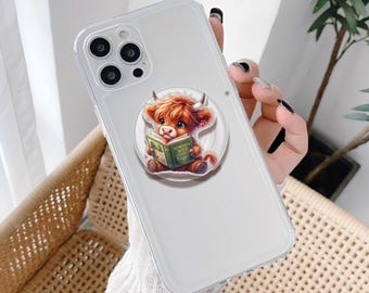 Bookish Highland Cow Phone Grip: Book Lover Acrylic Magsafe Griptok, Animal Lover Gifts
